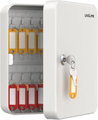 Uniclife 28 Position Key Cabinet with Key Lock Wall Mounted White Security Storage Box Steel Key Organizer with Colorful Key Tag Labels Stickers and Hooks