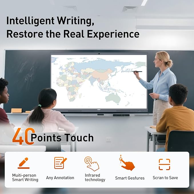 JAV Smart Board Interactive Whiteboard for Classroom Office Home, 4K UHD 8+128GB Touchscreen Smartboard with Built-in EDLA Licensed Android OS & Open App Ecosystem, Wi-Fi & Bluetooth