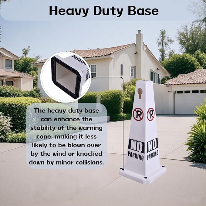 26.5" Caution Cones, 4-Sided Visible Safety Signs with Heavy Rubber Base, Warning for Slip & Fall Prevention, Indoor/Outdoor Use (8, No Parking-White, 26.5 inch)