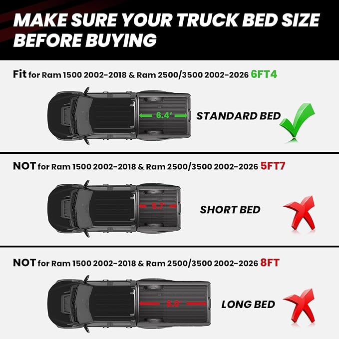 LASFIT 6FT4 Truck Bed Mat for Ram 1500 2006-2018 & Ram 2500/3500 2006-2026 & 1500 Classic 2019-2024 (6.4 FT/76.8 inches), NOT for Optional Rambox, All Weather Custom Fit TPE Truck Bed Liner