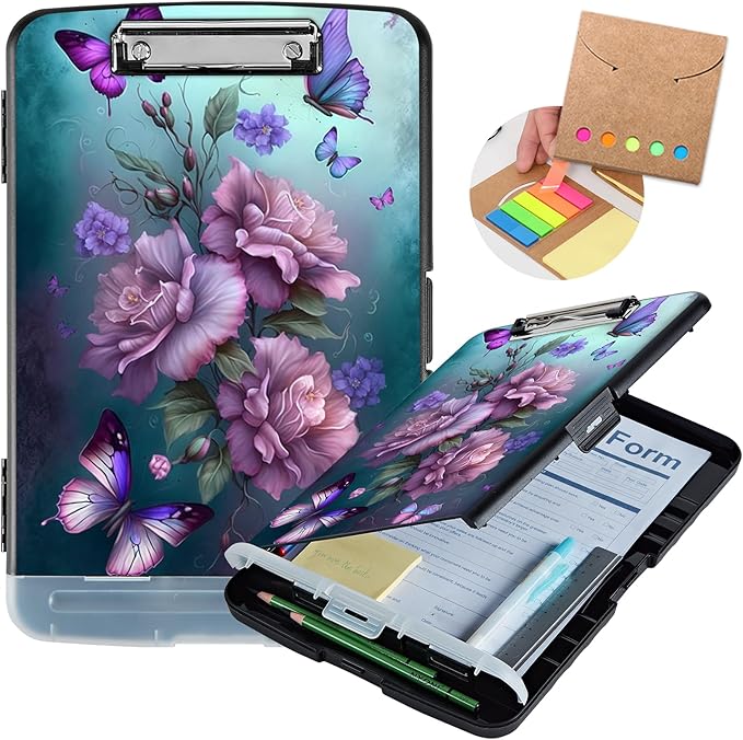 Clipboard with Storage,Heavy Duty Plastic Storage Clipboard with Low Profile Clip,Teacher Must Haves,Office Supplies,Pink Butterfly Flower