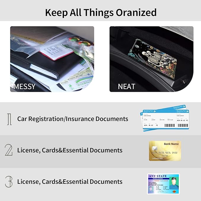 Car Registration and Insurance Holder, Leather Car Glove Box Organizer, Cool Car Accessories for ID, Driver's License Cards & Essential Document,business cards,Men&WomenSkeletons romantic Flower