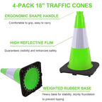 OrangeStar 4-Pack 18" Traffic Cones with Weighted Rubber Base, 6" Reflective Collar, Green Safety Cones for Parking Lot, Road Construction, Warehouse, Highway, Weatherproof PVC