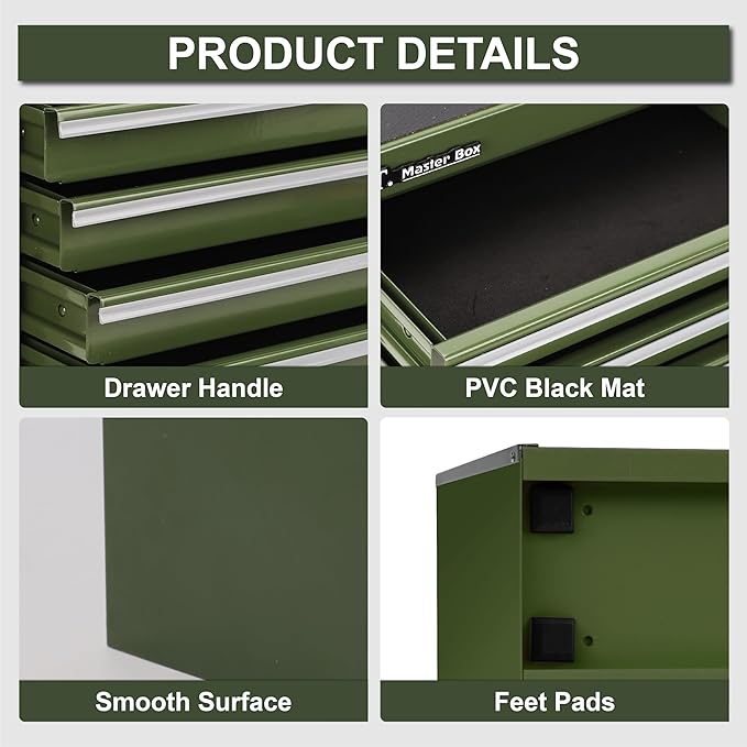 P.I.T. Mini Army Green Tool Box, Portable 5-Drawer Micro Roll Cab Steel Tool Box with Liner, Army Green Small Tool Case for Tools Storage, Home DIY
