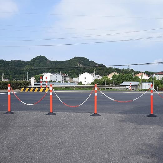 6-Set Pack 40" inch Red White Work Zone Chain Post Set, Traffic Delineator Post Cones, 6 x 6.6' Feet Plastic Chains, Portable Crowd Control Stanchion Set (Red-Rubber Base)