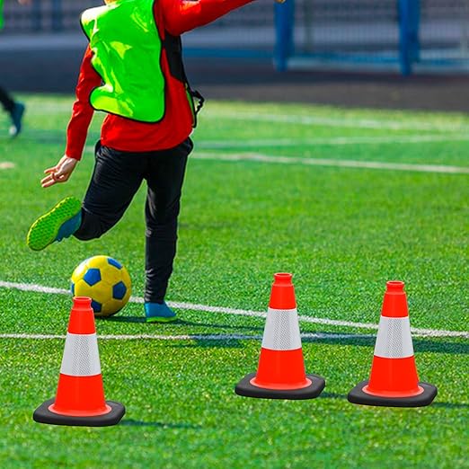 4 Pack 12 Inch Orange PVC Traffic Cones Black Base Stable Durable, Sport Training Soccer Practice Kids Safety Markers Indoor Outdoor Use (4, Orange, 12 Inch)