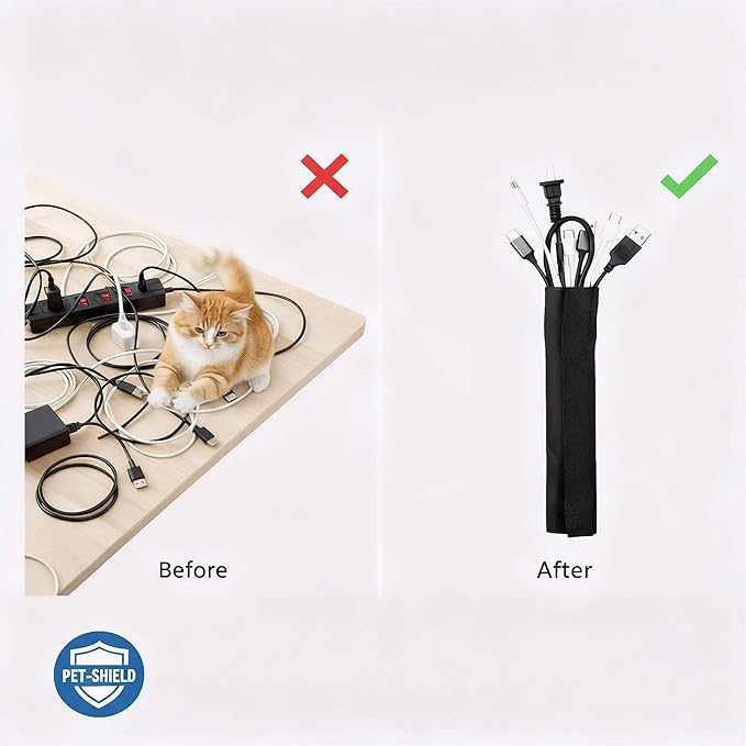 3/4" - 6.6FT Hook and Loop Cable Sleeve, Dog Cat Cord Protector Waterproof Split Sleeving for USB Computer Office Automotive Audio Cables - Protects Cables from Pets Chewing - Black