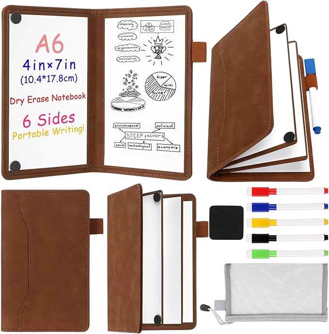 6 Sides Whiteboard Notebook Portable Whiteboard Dry Erase Notebook Portable Dry Erase Board Double Sided Folding Whiteboards White Board for Office Study Meeting(Brown,A6: 4.5"×6”)