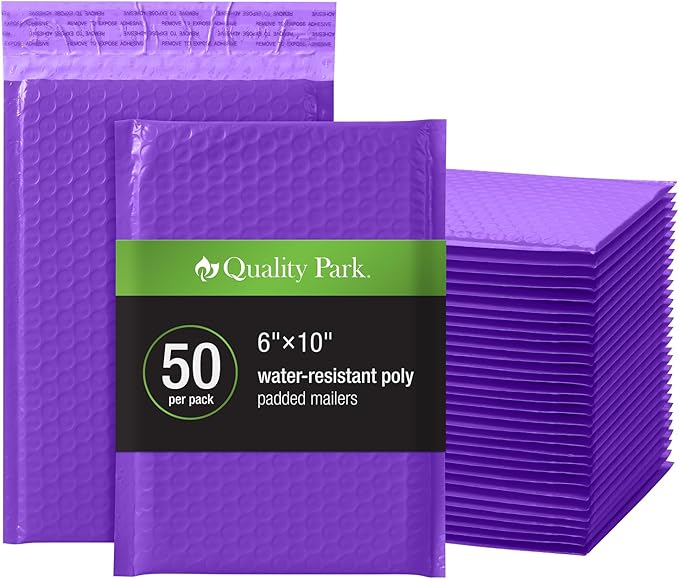 Quality Park Bubble Mailers, 6 x 9, Purple Poly Mailers, Padded Envelopes, Shipping Bags, Water Resistant, Self Seal, 50 Per Box (QUA85904)