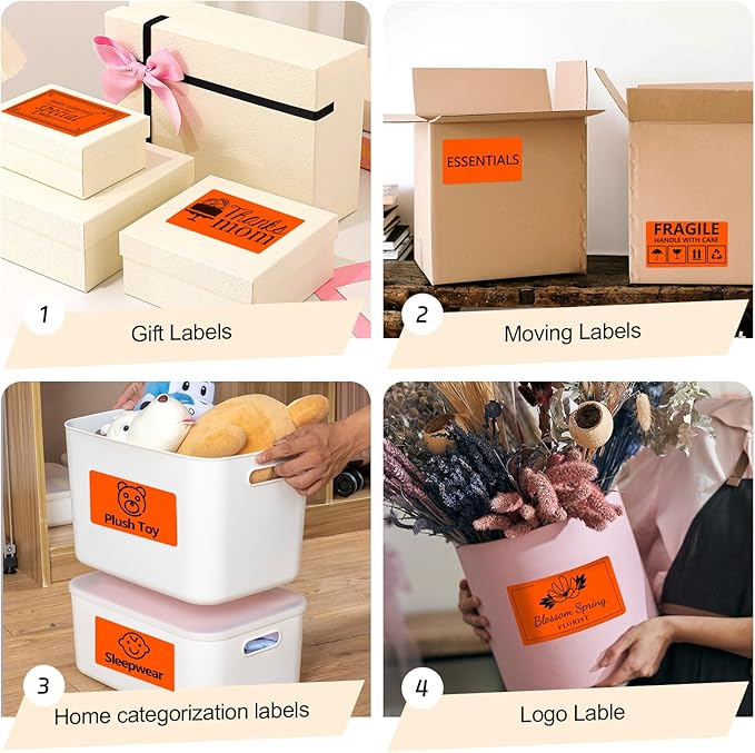 3x5 Inch Thermal Label Stickers,300Pcs Waterproof Rectangle Labels for Storage Bins,Moving Boxes,Address & Inventory Organization,Small Business Labeling,Fluorescent Orange