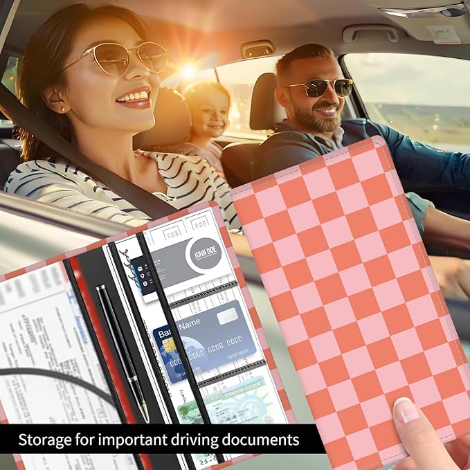 Premium Car Registration and Insurance Card Holder, Cute PU Leather Car Document Holder, Vehicle Glove Box Car Organizer with Magnetic Closure for Driver License, Cards Red Checkerboard