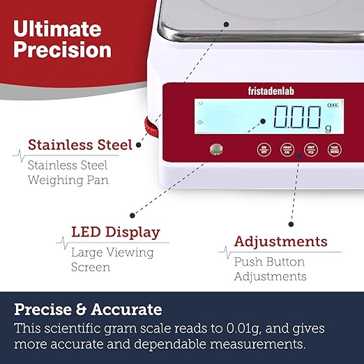 Fristaden Lab Digital Balance - USA Company - 1000g Capacity with Genuine 0.01g Precision, Analytical Scale Ideal for Scientific Research, Home Labs & Academic Use