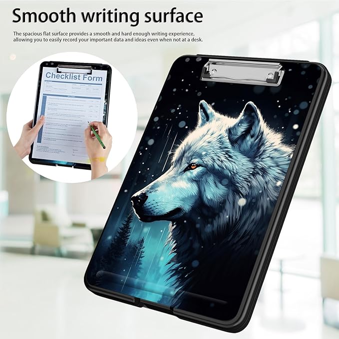 Clipboard with Storage,Office Supplies Nursing Clipboards Folder with Pen Holder Plastic Foldable Clip Board with Storage for Nurse Teacher,Misty Forest Wolf