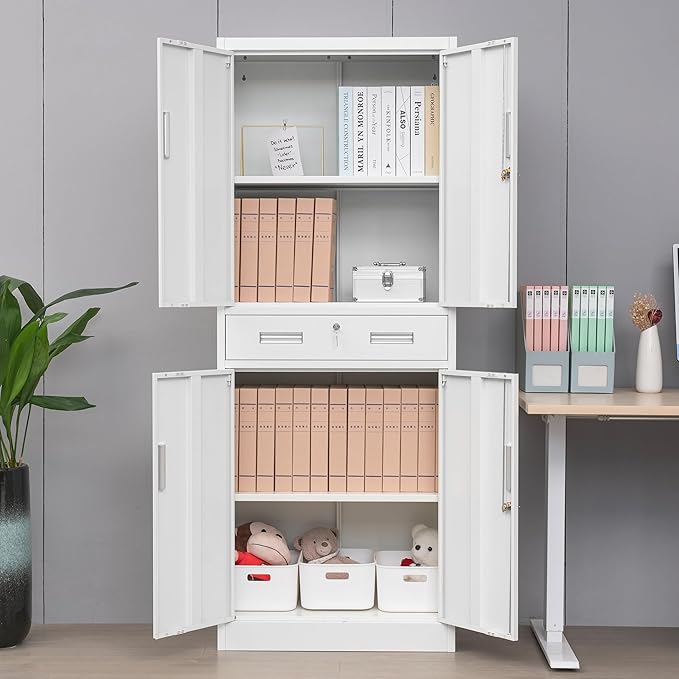 Metal Storage Cabinet, 71" H x 28" W x 16" D Locking Storage Cabinet with Adjustable Shelves and One Drawer for Office, Garage, Home, School, Utility(White)