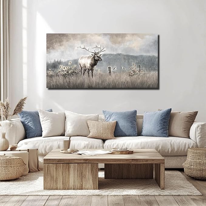 ZHENGYIN Elk & Wildflowers Canvas Wall Art, Western Deer Wildlife Meadow Landscape Artwork, Rustic Neutral Earth Tone Farmhouse Wall Decor for Entryway Bedroom, Over Console, 20x40 Inch