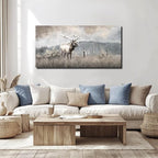 ZHENGYIN Elk & Wildflowers Canvas Wall Art, Western Deer Wildlife Meadow Landscape Artwork, Rustic Neutral Earth Tone Farmhouse Wall Decor for Entryway Bedroom, Over Console, 20x40 Inch