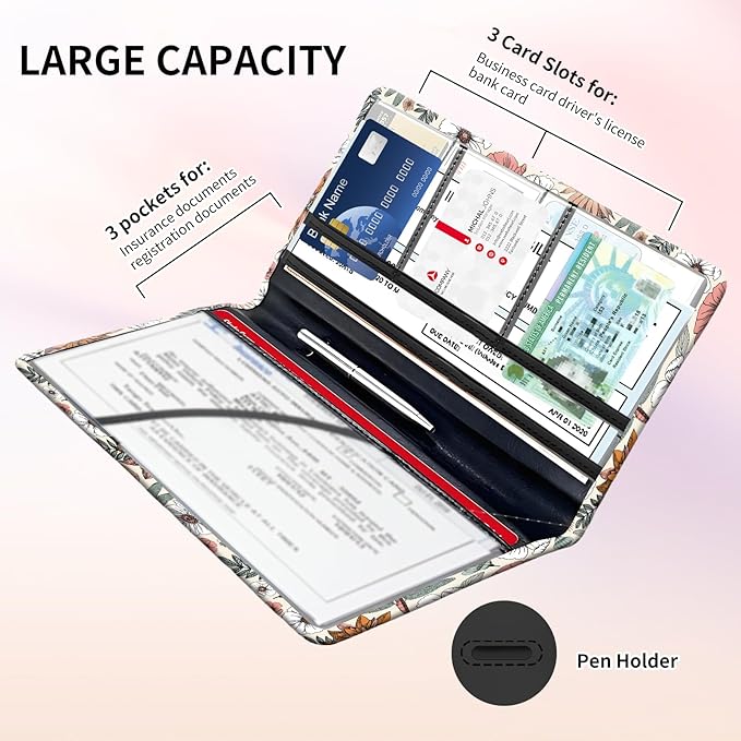 Premium Car Registration and Insurance Card Holder, Cute PU Leather Car Document Holder, Vehicle Glove Box Car Organizer with Magnetic Closure for Driver License, Cards Boho Flowers
