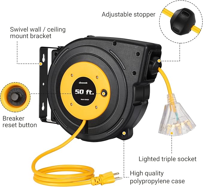 DEWENWILS Retractable Extension Cord Reel, 50FT Power Cord Reel with 14AWG/3C SJTOW, 13A Circuit Breaker, Wall/Ceiling Mounted, 3-Lighted Triple Outlets for Garage, Workshop, UL Listed, Yellow