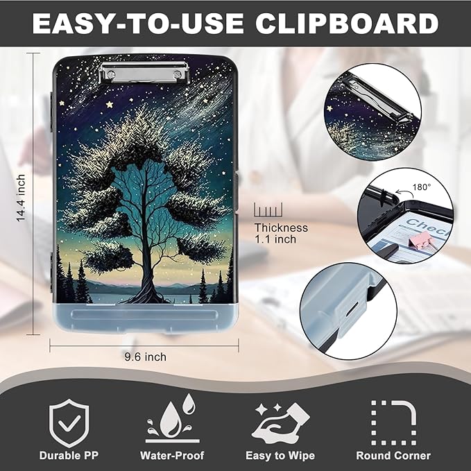 Clipboard with Storage,Heavy Duty Plastic Storage Clipboard with Low Profile Clip,Teacher Must Haves,Office Supplies,Sky Forest Tree