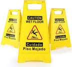 3-Pack Caution Wet Floor Sign,17.5" Height,Bright Yellow Double-Sided Folding A-Shaped Frame Design, Bilingual Caution Message