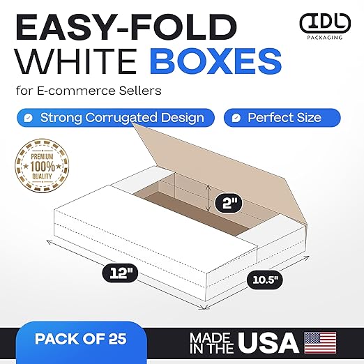 White Mailing Boxes 12"x10.5"x2", Pack of 25, USA-Made - Strong, Easy to Fold Cardboard Boxes for Secure Storage, Shipping and Moving - Water-Resistant and Snug Fit Cardboard Mailers by IDL Packaging