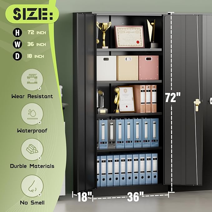 Crownland 72" Lockable Metal Storage Cabinet, Garage Storage Cabinets, High Office Cabinet with Adjustable Shelves for Home Office, Pantry,Garage, File(Balck)