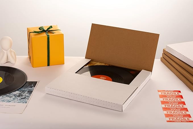 White 12" Vinyl Record Shipping Boxes, 12.8"L x 12.8"W x 1"H Corrugated Cardboard LP Album Mailers Boxes with Fragile Stickers, 25 Pack