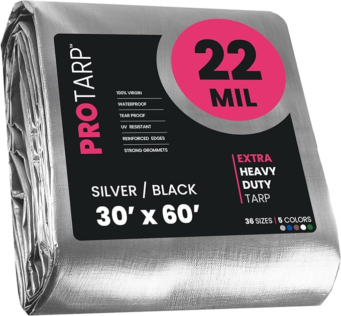 PROTARP Extreme Heavy Duty 22 Mil Tarp Cover, Waterproof, UV Resistant, Rip and Tear Proof, Poly Tarpaulin with Reinforced Edges for Roof, Camping, Patio, Pool, Boat. (Silver/Black 30′ X 60′)