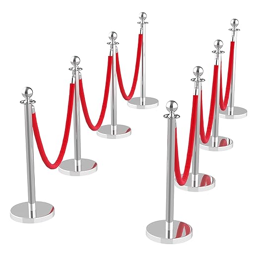 8Pcs Stainless Steel Stanchion Posts with 5ft Red Velvet Ropes - Crowd Control Barriers & Queue Line Kit with 26ft Red Carpet for Wedding, Party, Theater Supplies
