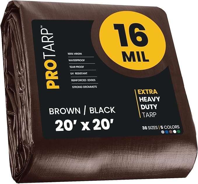 PROTARP Extra Heavy Duty 16 Mil Tarp Cover, Waterproof, UV Resistant, Rip and Tear Proof, Poly Tarpaulin with Reinforced Edges for Roof, Camping, Patio, Pool, Boat. (Brown/Black 20′ X 20′)