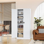 Metal Storage Cabinet-72” Tall Steel File Cabinets with Lockable Doors and Adjustable Shelves-White Steel Storage Cabinet for Kitchen, Office, Garage