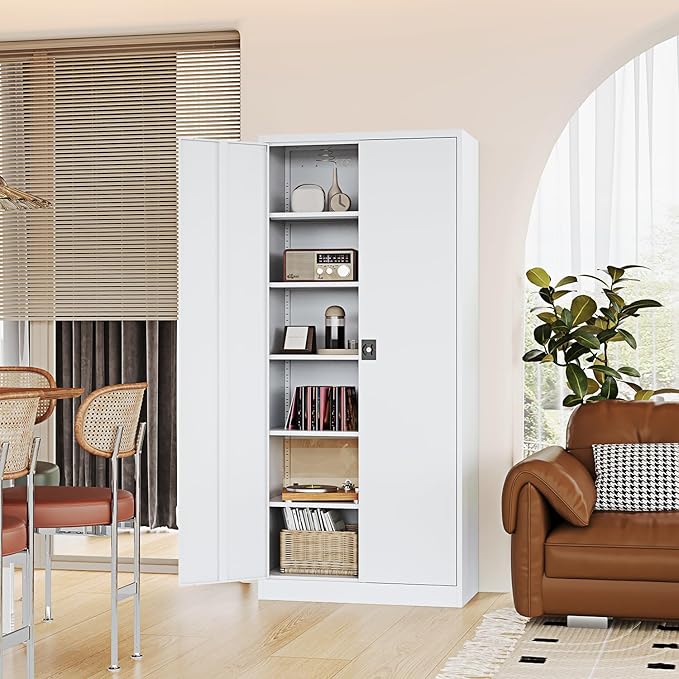 Metal Storage Cabinet-71” Tall Steel File Cabinets with Lockable Doors and Adjustable Shelves-White Steel Storage Cabinet for Home,Kitchen, School, Office, Garage