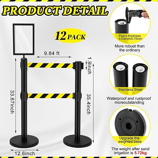 Therwen 12 Pcs Double Retractable Belt Barrier with Stanchion Dual Retractable Safety Belt Heavy Duty Crowd Control Stanchions Stainless Steel Post Holder Safety Barrier Stand (16.4 ft,Black)