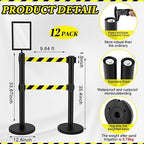 Therwen 12 Pcs Double Retractable Belt Barrier with Stanchion Dual Retractable Safety Belt Heavy Duty Crowd Control Stanchions Stainless Steel Post Holder Safety Barrier Stand (16.4 ft,Black)