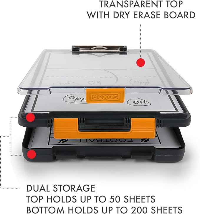 Dexas Clearview Clipcase Dry Erase clipboard, 13.75 x 9.5 Inch, Orange. See papers clearly outdoors, stay organized and dry. Ideal for coaching, teaching, homeschooling, art, trades, and medical pros.