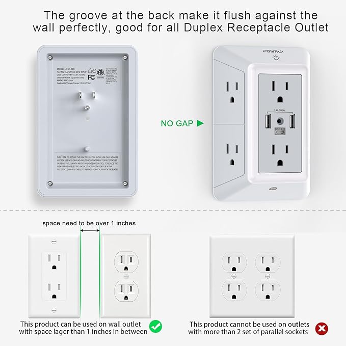 USB Wall Charger, Surge Protector, POWRUI 6-Outlet Extender with 3 USB Charging Ports (1 USB C) and Night Light, 3-Sided Power Strip with Adapter Spaced Outlets - White，ETL Listed, Gray