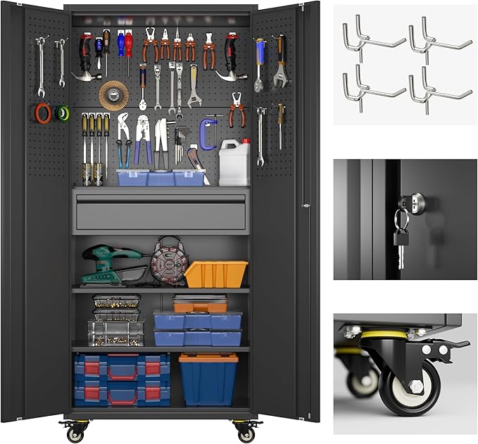 Aobabo 71" H Metal Storage Cabinet with Wheels with 5 Pegboards and 1 Drawer,Lockable Steel Tool Cabinet for Garage,Warehouse,Assembly Required,Black