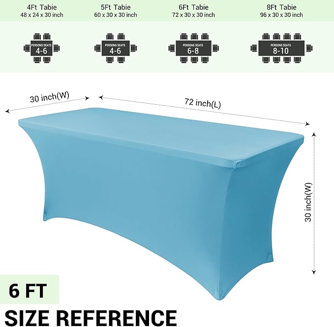 Obstal 6 Pack Stretch Spandex Table Covers for 6 Foot Tables - 6 FT Rectangular Fitted Tablecloth Protector for Wedding, Banquet, Party (Light Blue, 72'' Length x 30'' Width x 30'' Height)