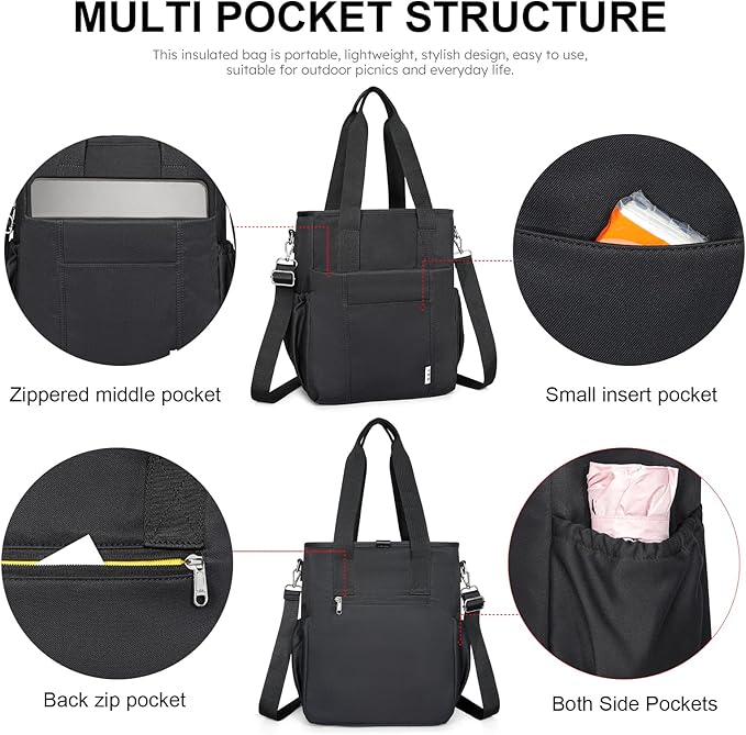 NOL Insulated Lunch Bag for Women, Large Spacious Lunch Tote Bag With Removable Adjustable Shoulder Strap with Multi Pockets,Leakproof Cooler Bag,Lightweight Nylon Waterproof Lunch Box For Work,Black