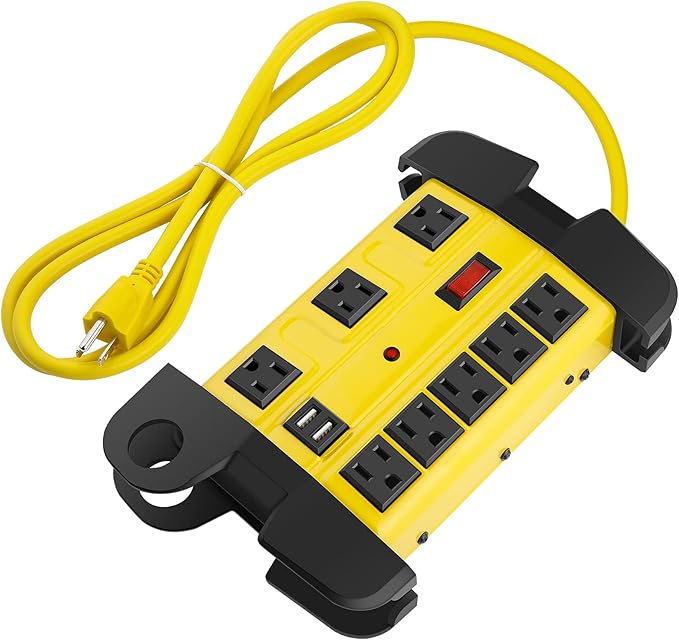 Heavy Duty Power Strip with USB, Workshop 8 Outlet Surge Protector 2700 Joules, Industrial Metal 15Amp Power Strip, 25 FT Extension Cord and Wide Spaced. Yellow