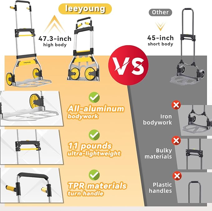 Aluminum Folding Hand Truck 309lb Capacity - Collapsible Dolly Cart with 47.3" Adjustable Handle, TPR Wheels & Portable Hand Truck Design, 11lbs Lightweight Storage Solution (No Assembly)