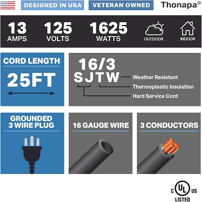 13 Amp Outdoor Extension Cord 25 ft, 16/3 SJTW 25 Foot Black Extension Cord 3 Prong, Weatherproof Exterior Power Cable for Outdside Lights & Lawn, UL Certified - US Veteran Owned