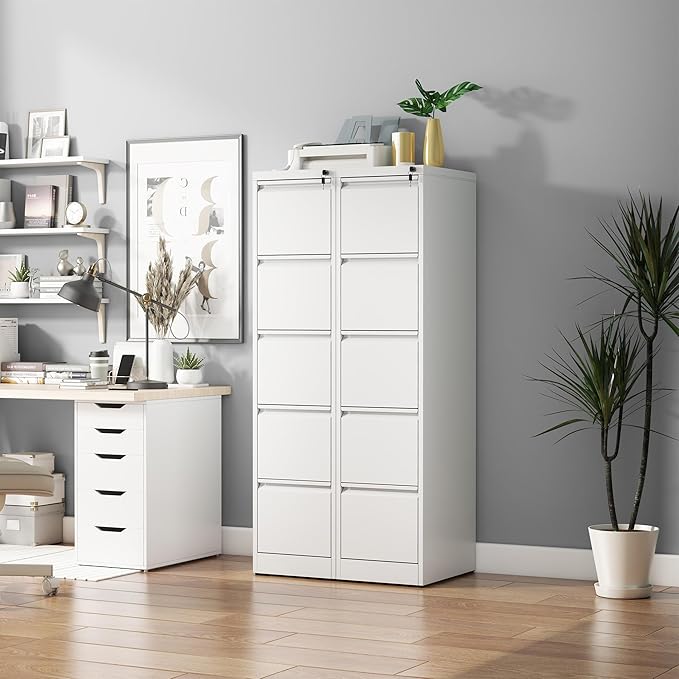5 Drawer File Cabinet with Lock, Vertical Filing Cabinets for Home Office, Metal Storage Cabinets, Heavy Duty File Cabinet for Letter/Legal/A4/F4 Size Amssebly Required, White