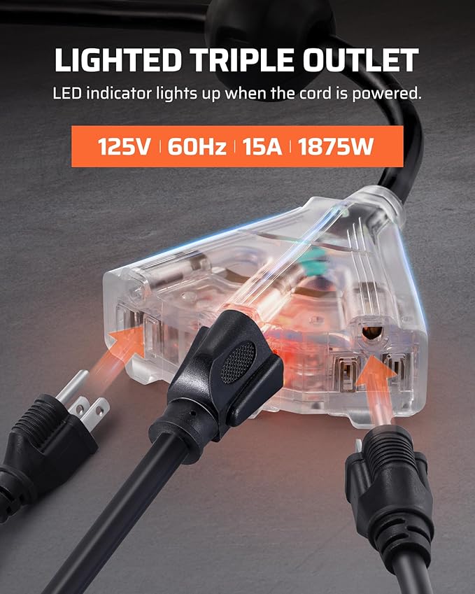 DEWENWILS Retractable Extension Cord Reel, 40 FT Heavy Duty Power Cord, 12AWG/3C SJTOW, 3 Grounded Outlets Lighted Triple Tap, 15 Amp Circuit Breaker, UL Listed