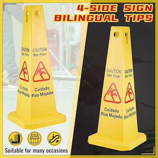 Floor Safety Cone Yellow Caution Wet Floor Sign 4 Sided Wet Cone Sign Public Caution Yellow Avoid Fall Slip Accident for Indoors and Outdoors(10 Pieces)