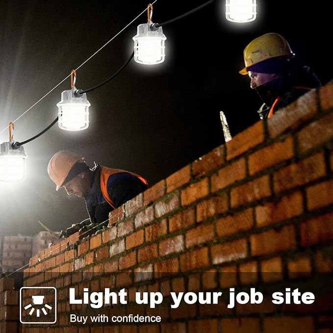 NS 100ft LED Construction String Lights, 150W 15000lm LED String Work Lights, Temporary Work Lights Linkable Industrial String Work Lights with Hook for Jiobsite, Outdoor Lighting (10)