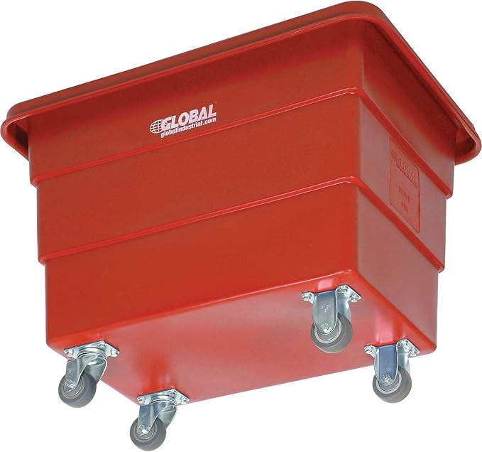 Global Industrial 6 Bushel Plastic Bulk Box Truck, Direct Mount Base, 500 lbs. Capacity, 3" Non-Maring Rubber Casters, Red, 33-2/5"L x 23" W x 24-1/2"H