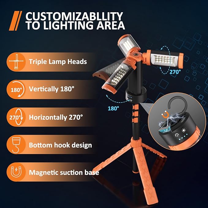 Rechargeable Camping Light with Stand 73" 2500LM 12000mAh, Magnet Work Light Cordless, with 3 Page Head, Hooks & Carrying Bag, Job Site Workshop Outside Orange