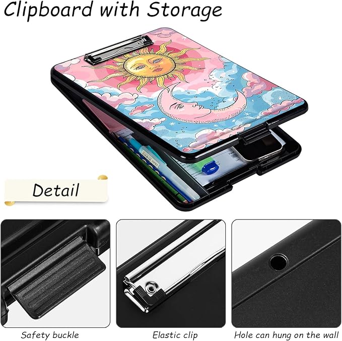 Clipboard with Storage, High Capacity Plastic Storage Clipboard with Pen Holder for for Women Teachers Work, School & Office Supplies, Cute Pattern Decorative Clipboards, Sun and Moon