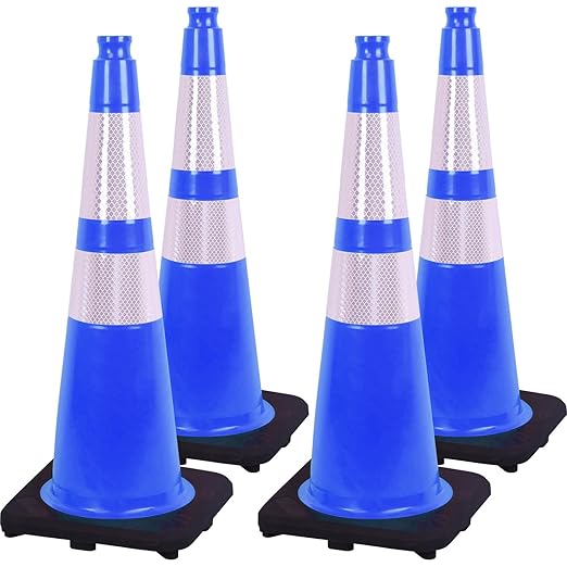 Fluorescent Orange/Green PVC Traffic Cones, Heavy Black Base Parking Lot Cone Structurally Stable Weatherproof Road Construction Safety Cones (4, Blue, 28" Large)